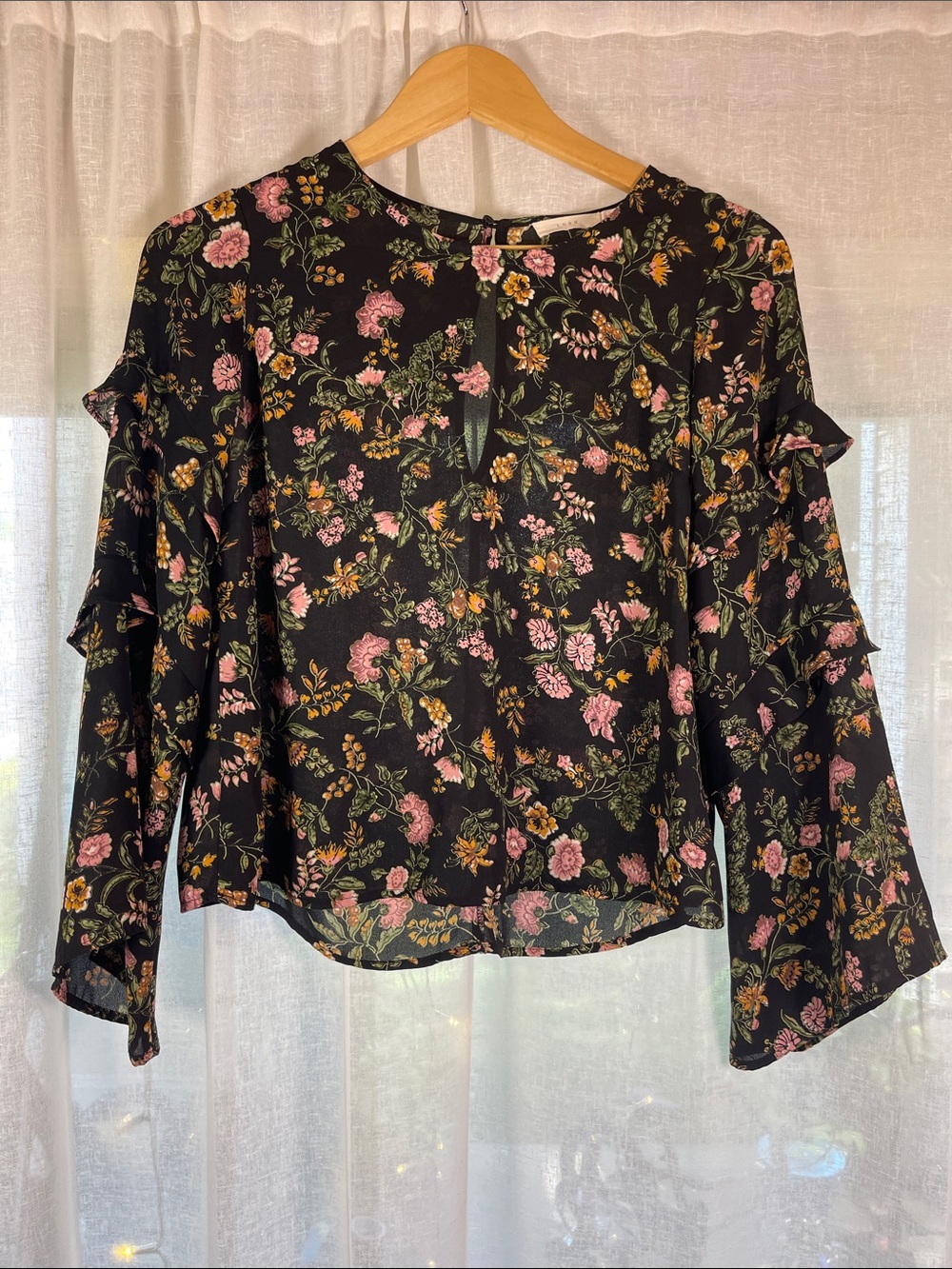 Lush Black Floral Ruffle-Sleeve Blouse with Pink & Yellow Flowers